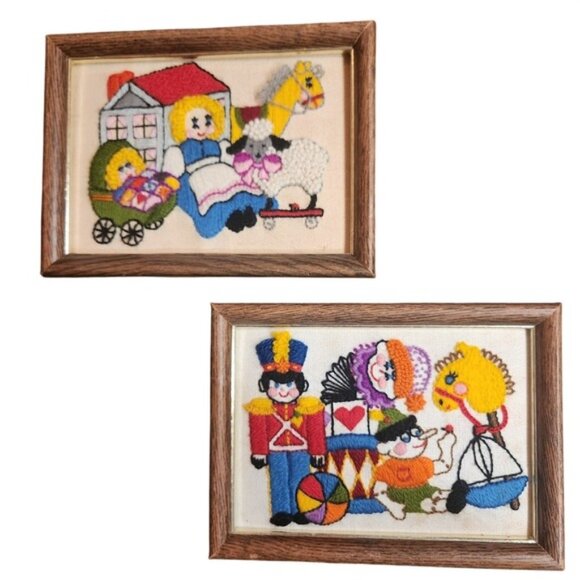 Sunset Designs Other - Vintage Sunset Designs Crewel Embroidery Framed Art Set Toy Soldier Nursery MCM
